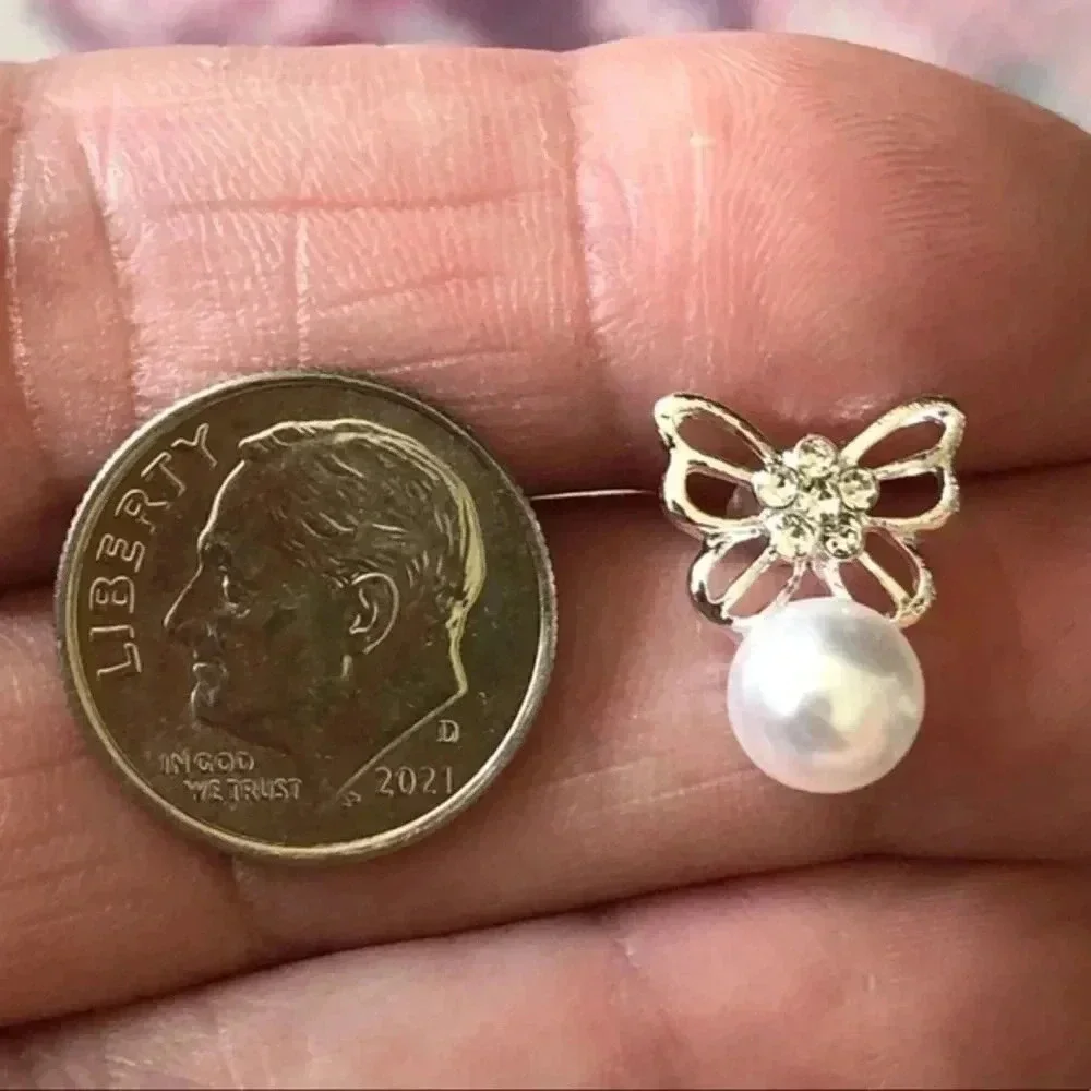 Butterfly Shaped 925 Ster Silver Crystal Stud Faux Pearl Earrings NWT